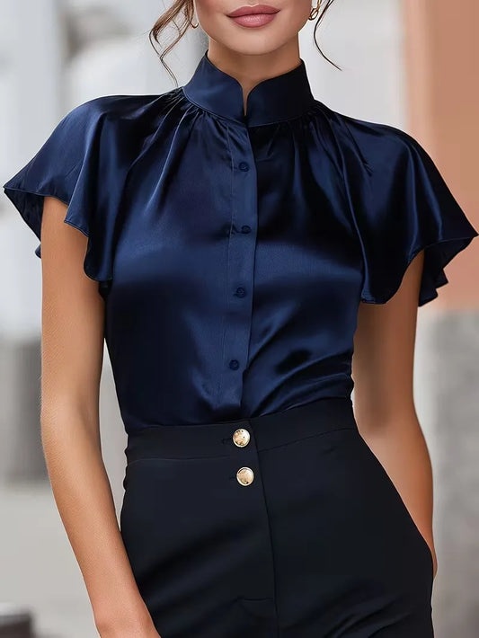 Short Sleeve Satin Blouse Stand Collar Ruffle Shirt