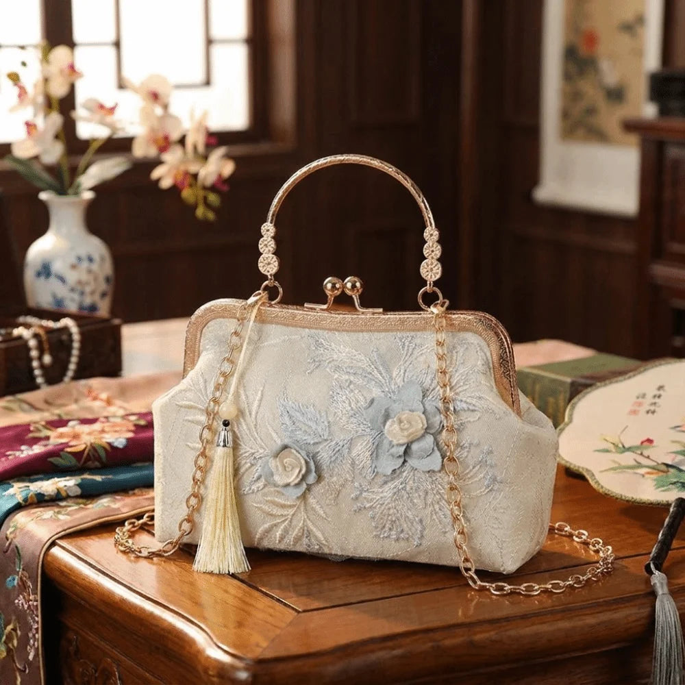Vintage Kiss Lock Handbag Chinese Style Floral Lace Tassel Small Square Bag