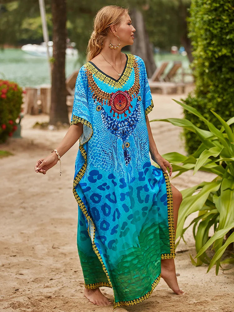 Long Caftans Print Bathing Suit Cover Up Beach Maxi Dress Abaya