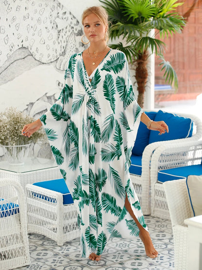 Plus Size Animal Print V-Neck Batwing Kaftan Beach Dress
