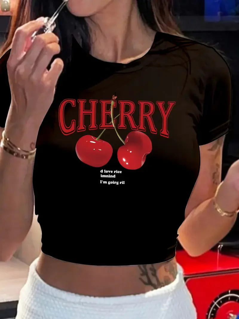 Cherry Print Crew Neck T-shirt Short Sleeve