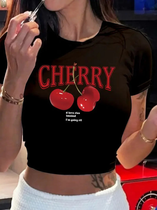 Cherry Print Crew Neck T-shirt Short Sleeve