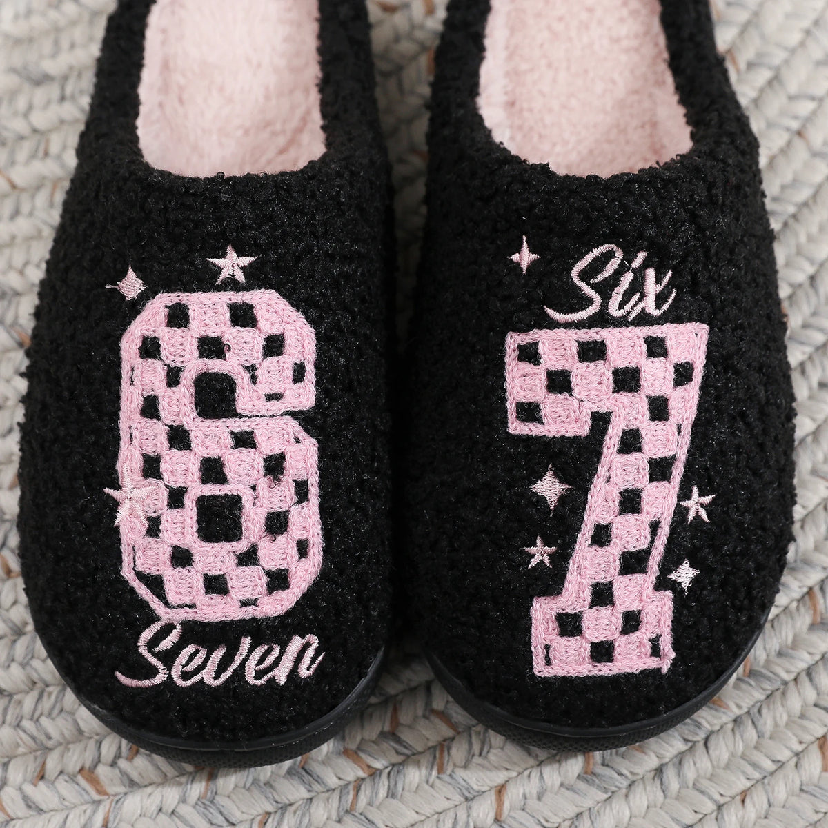 Checkerboard Pattern Number 67 Plush Non-Slip Cotton Slippers