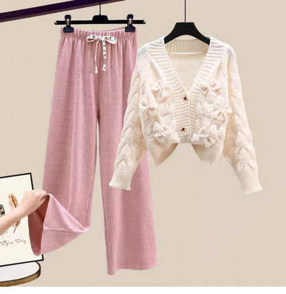 Korean Sweet Bow Outfit Long Sleeve Cardigan Knitwear Wide Leg Pants Set