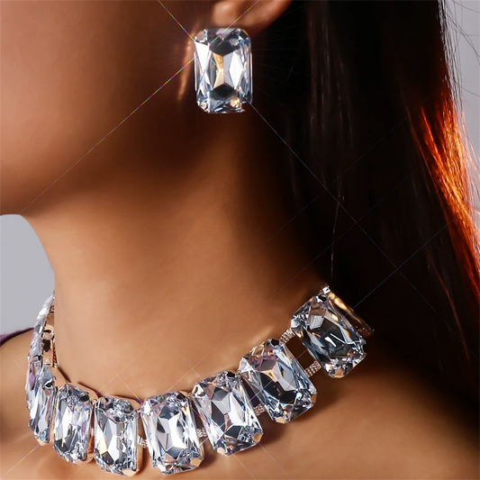 Oversize Square Rhinestone Choker Necklace Set