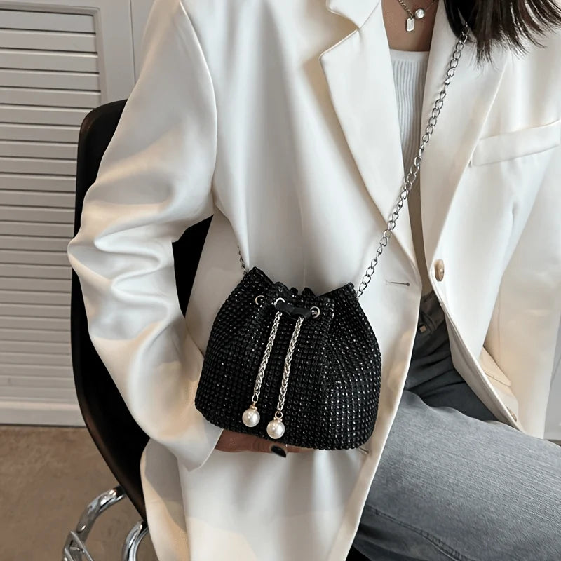 Sparkling Rhinestone Embellished Drawstring Crossbody Bag