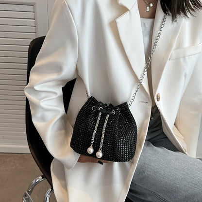 Sparkling Rhinestone Embellished Drawstring Crossbody Bag