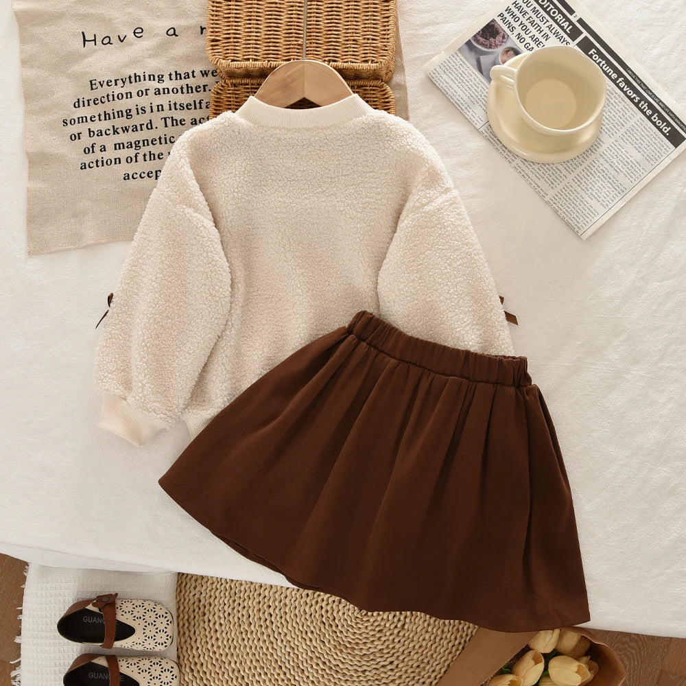 College Style Bow Long Sleeve Plush Top + Short Skirt Sets
