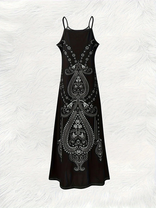 Vacation style Black And White Paisley round neck spaghetti strap dress