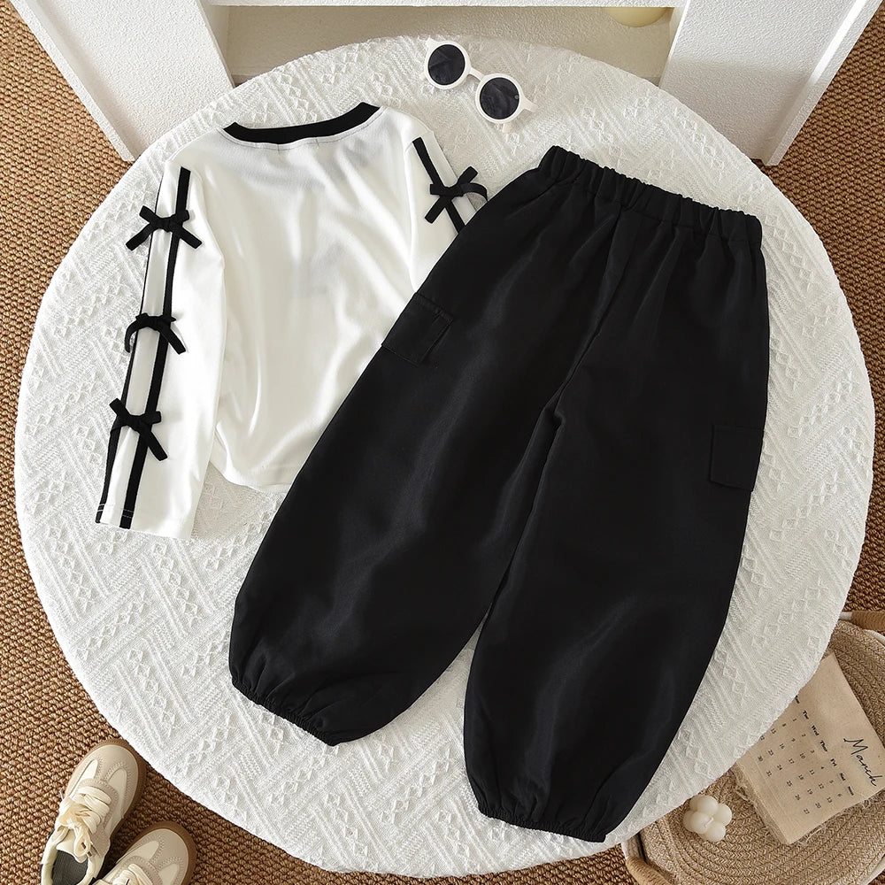 Autumn Red Bow Decoration Letter Embroidery Long Sleeved Pants Set