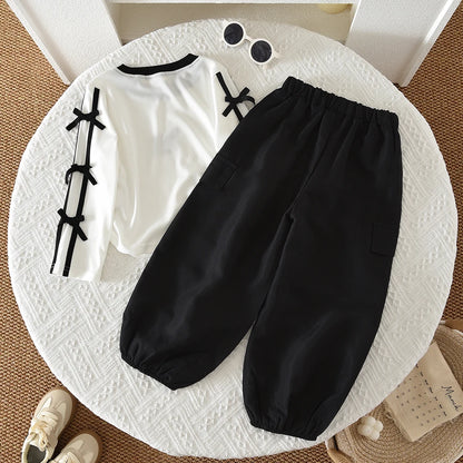 Autumn Red Bow Decoration Letter Embroidery Long Sleeved Pants Set