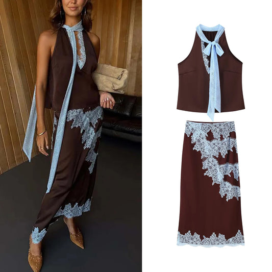 Sexy Lace Embroidery Splicing Skirt Set