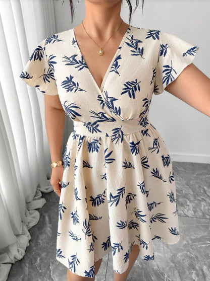 Plus Size Gentle Apricot & Navy Cotton Linen Leaf Dress