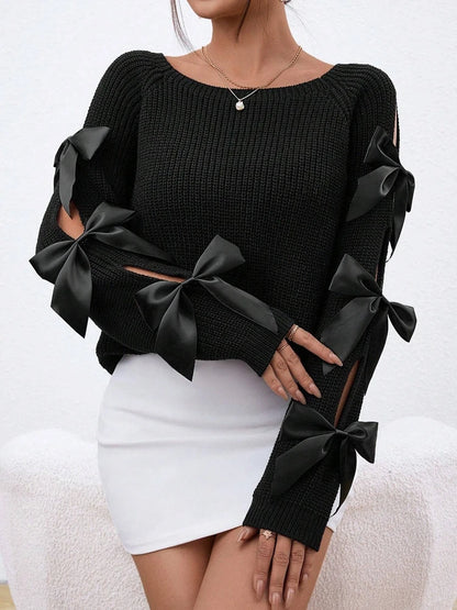 Bow Out Raglan Sleeves Knit Round Neck Minimalist Sweater