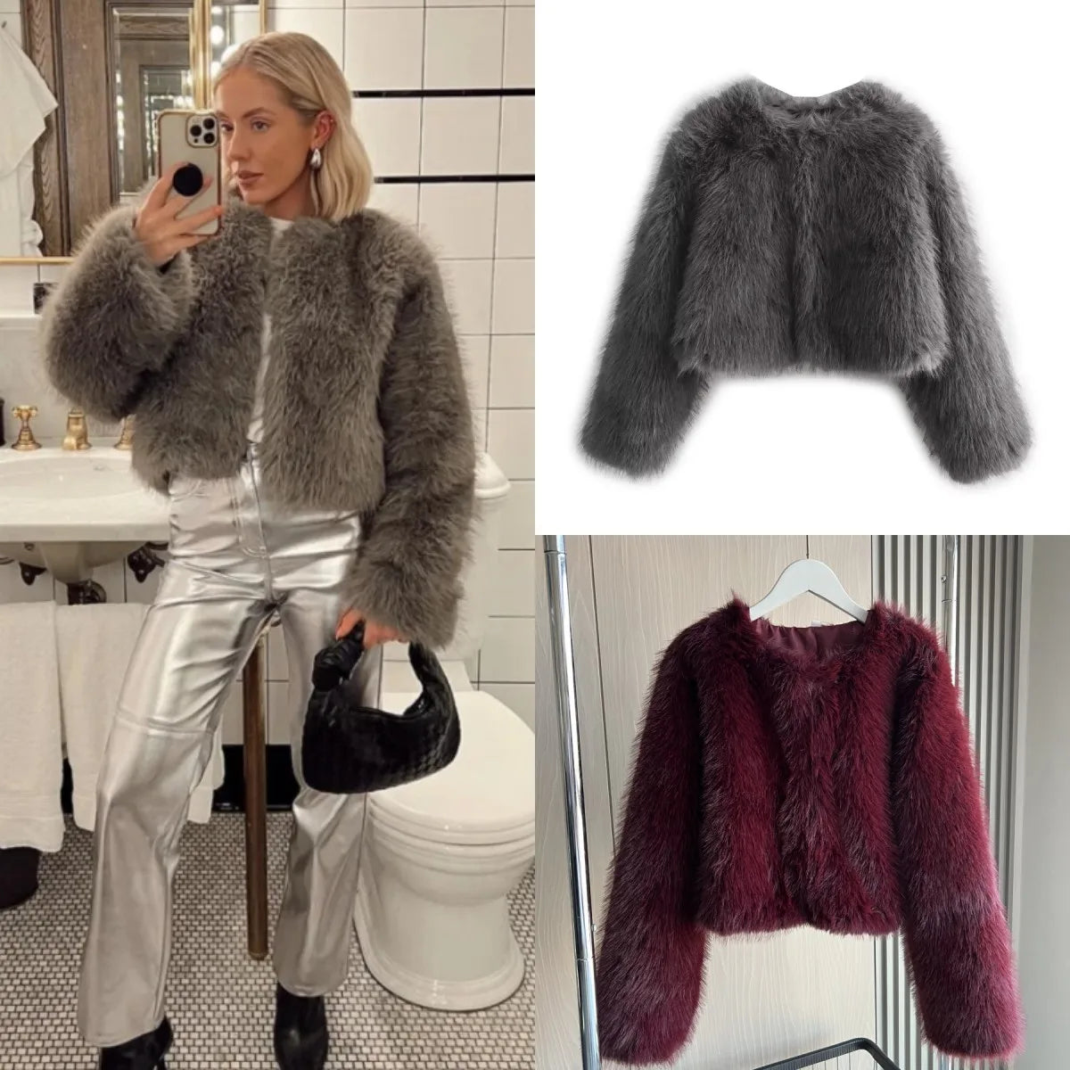Faux fur Fall/Winter Effect Round Neck Long Sleeve Short Jacket