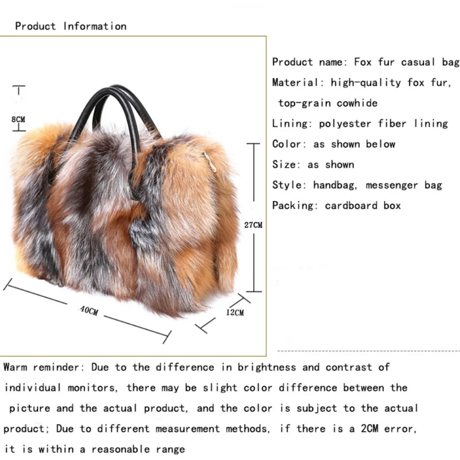 Real Fox Fur Large Size Plush Crossbody Luxury Handbags Fluffy Tote Bag