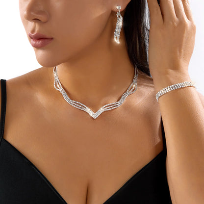 Geometric Rhinestone Crystal Necklace Choker Jewelry Set