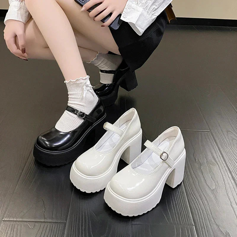 Chunky Platform High Heels Pumps Pu Leather Shoes