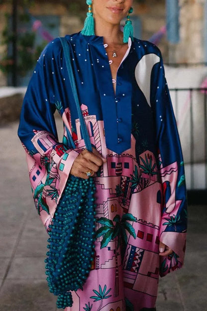 Vintage Satin Print Long Dress