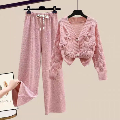 Korean Sweet Bow Outfit Long Sleeve Cardigan Knitwear Wide Leg Pants Set