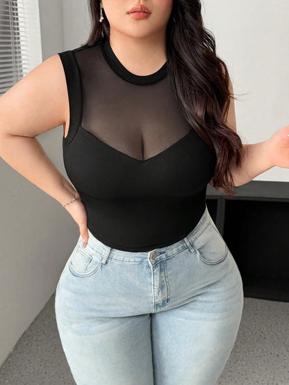 Plus Size Sleeveless Round Neck Mesh See Through Sexy Blouse