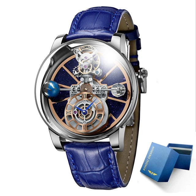 Celestial Starry Sky Curved Glass Transparent Waterproof Leather Watch