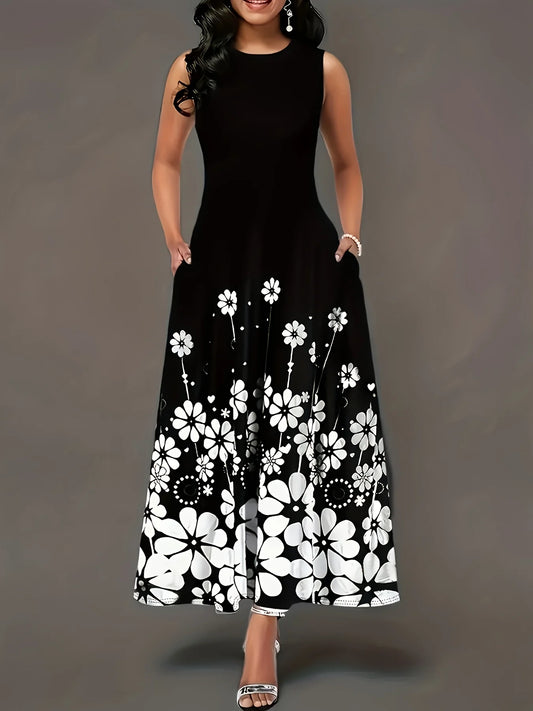 Sleeveless printed loose round neck temperament dress