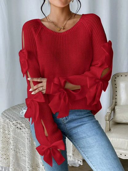 Bow Out Raglan Sleeves Knit Round Neck Minimalist Sweater
