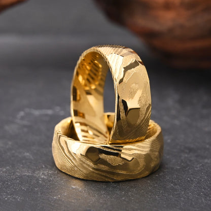 8MM Golden Damascus steel Hammered Engagement Promise Rings