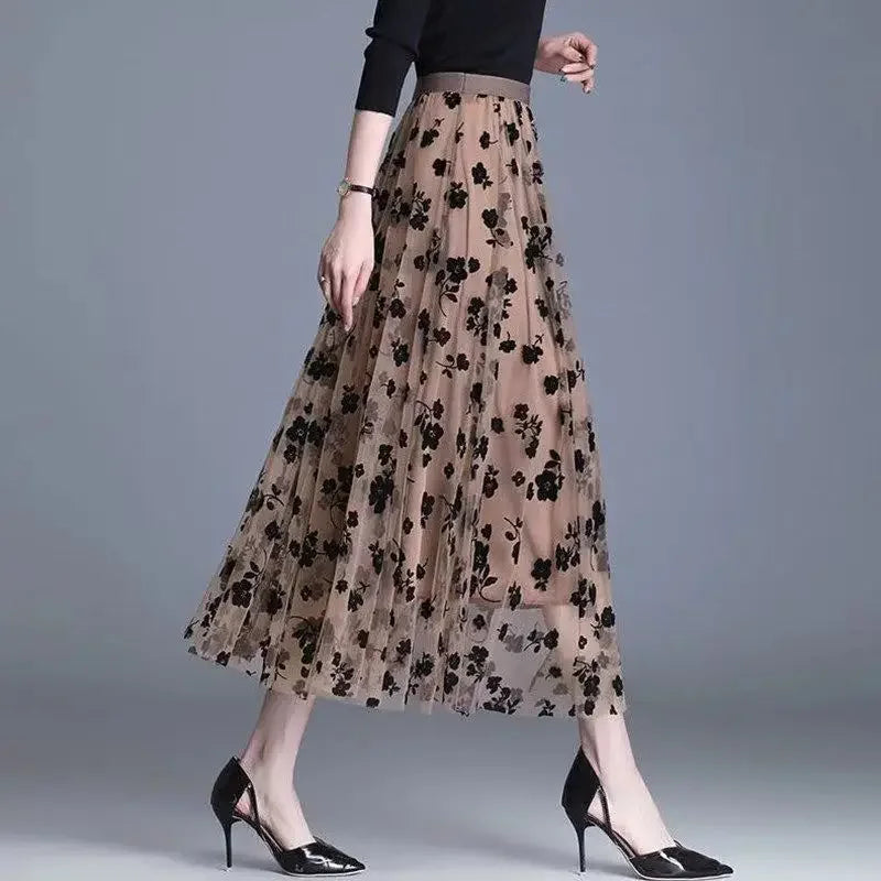 Korean Tulle  Floral Loose Midi Skirt