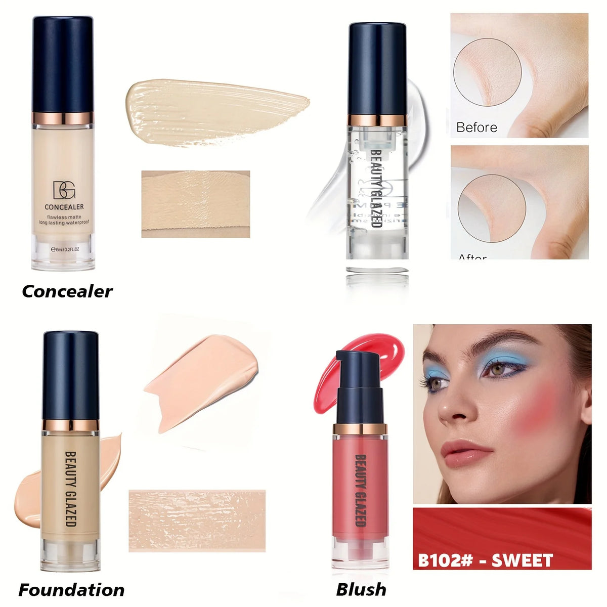 4Pcs Set Primer + Concealer + Liquid Foundation + Liquid Blush Matte Velvet Waterproof Foundation