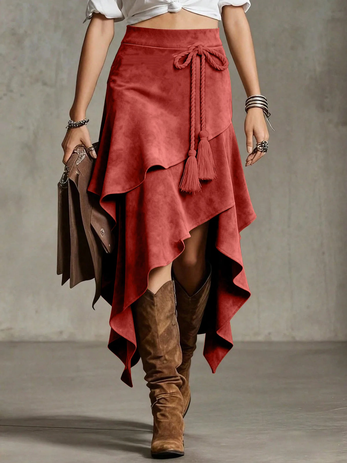 Retro Western Style Irregular Design Suede Skirt
