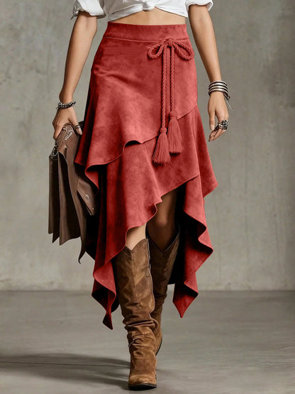 Retro Western Style Irregular Design Suede Skirt