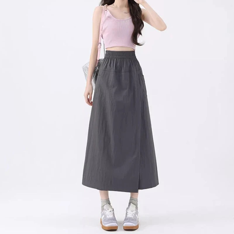 Loose Fit Thin Pants High Waist Slit Korean Midi Cargo skirt