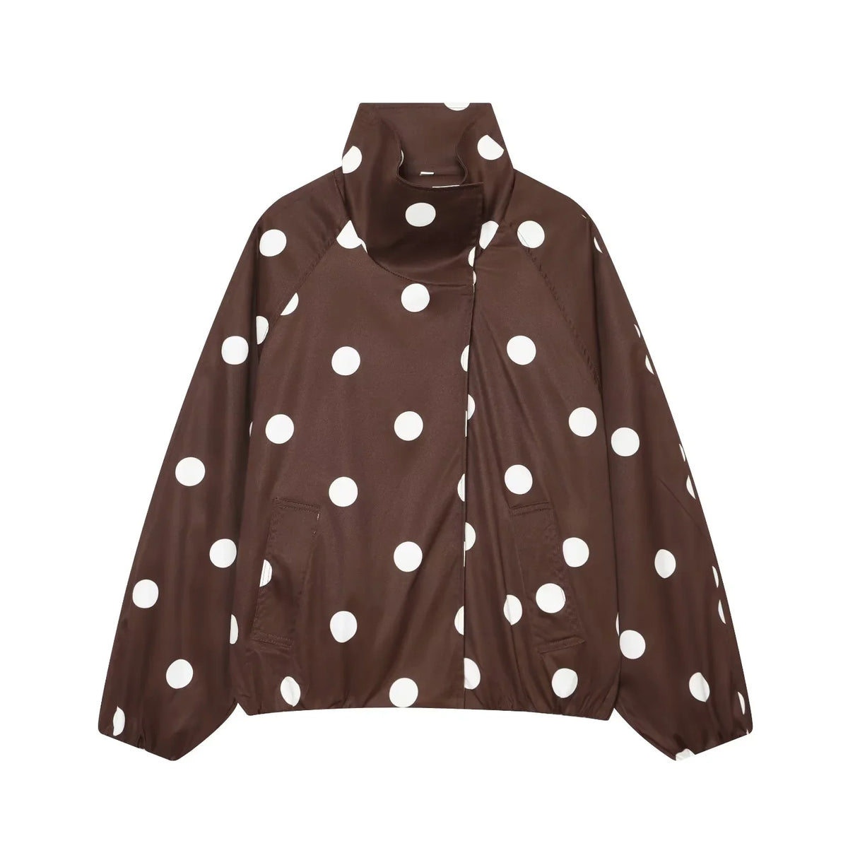 Retro Polka Dot Printed Bomber Stand Collar Oversized Casual Jacket