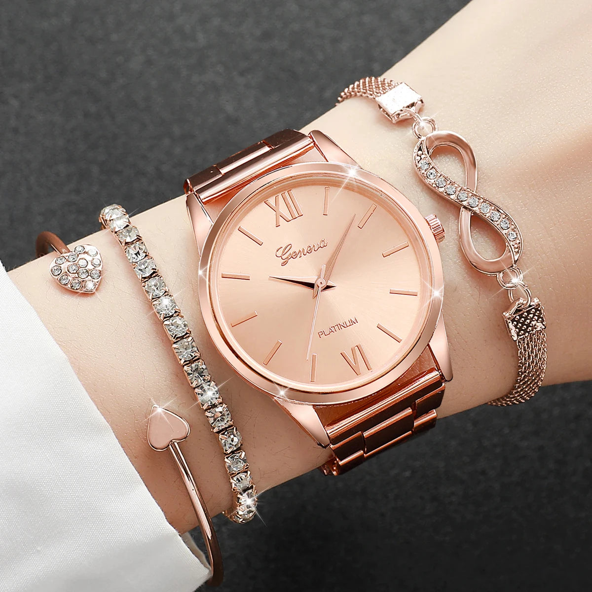 4PCS/Set Rhinestone Luxury Steel Band Quartz Bracelets Watches Set