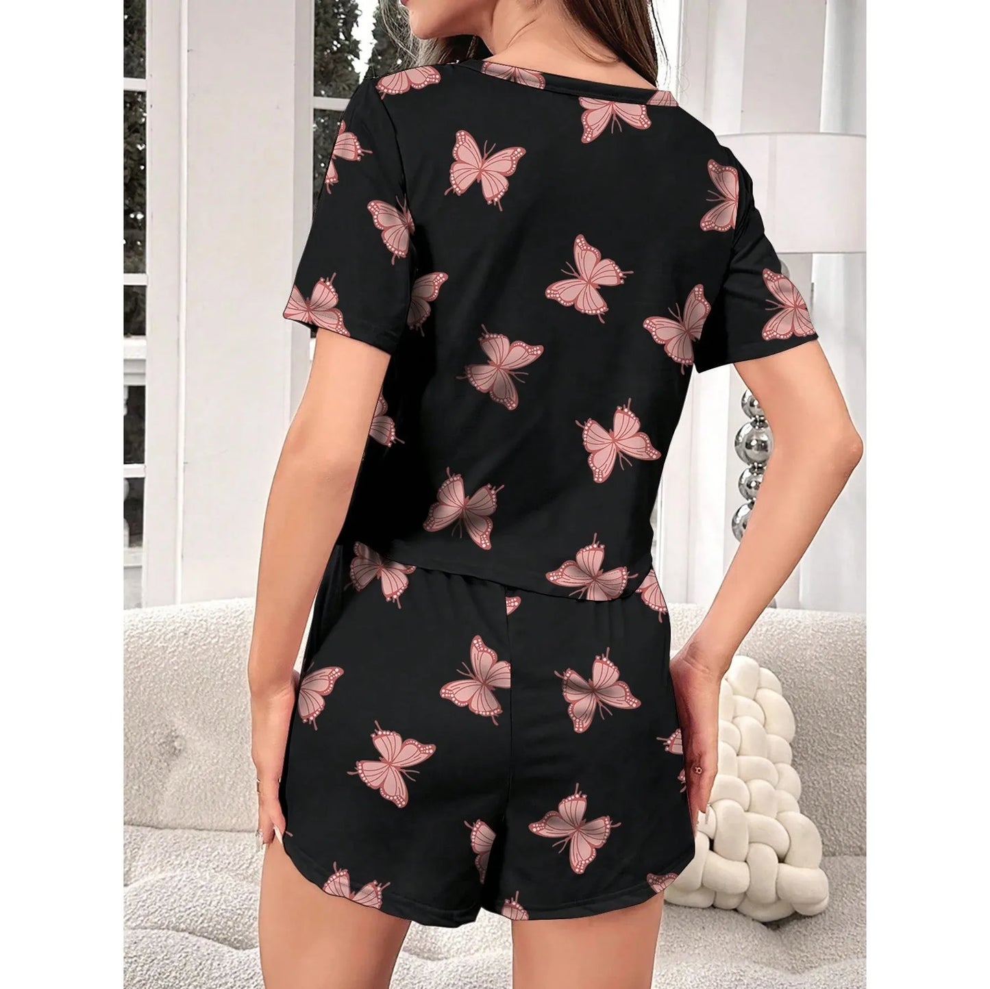 Bow Print Short-Sleeved Top and Shorts Home Wear Pajama Set