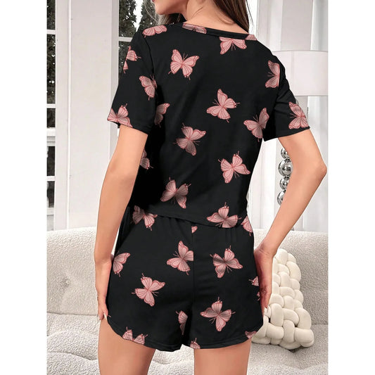 Bow Print Short-Sleeved Top and Shorts Home Wear Pajama Set