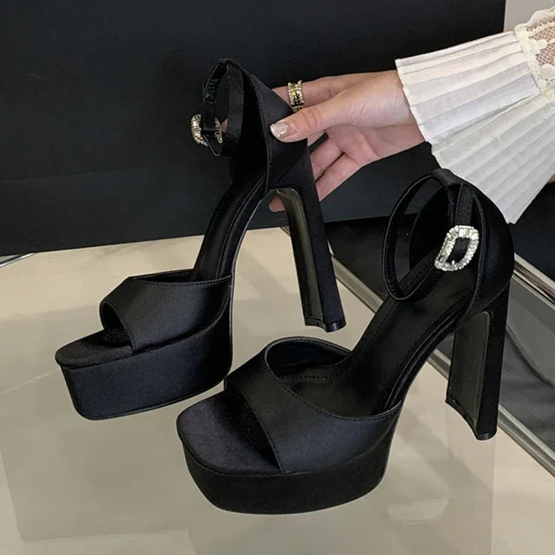Black High Heels Silk Square Toe Shoes