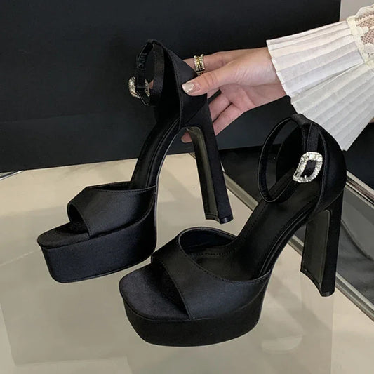 Black High Heels Silk Square Toe Shoes