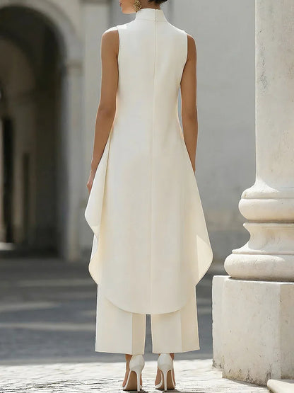 Sleeveless High Neck Jumpsuit With Asymmetric Draped Overlay Wide Leg