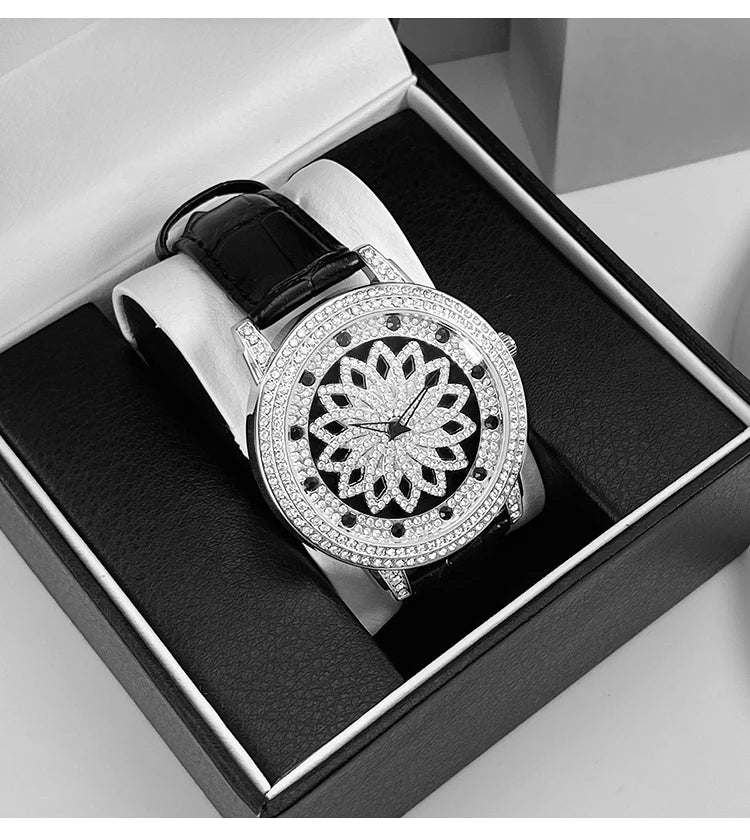 Reloj de cuero giratorio Lucky Star con diamantes completos