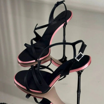 Satin Color Block Stiletto High Heels with One Belt Sandals