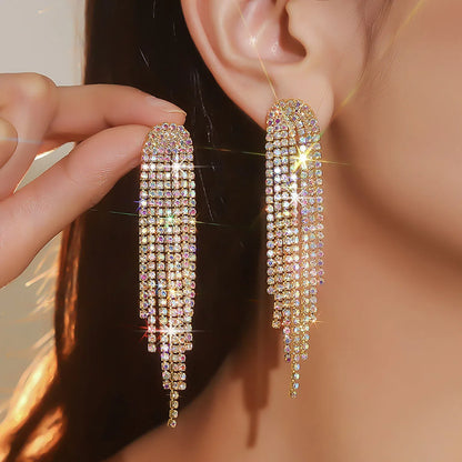 Shiny Rhinestone Crystal Tassel Long Earrings