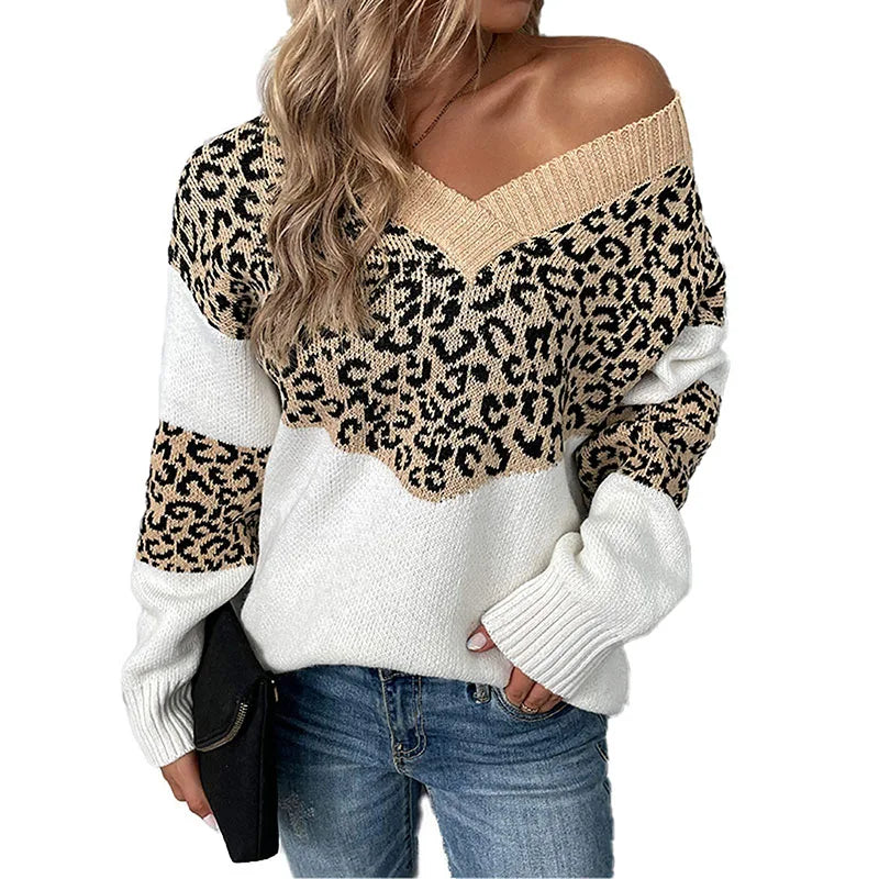 Casual Leopard V-Neck Long-Sleeved Loose Fitting Pullover Knitted Sweater Jumper