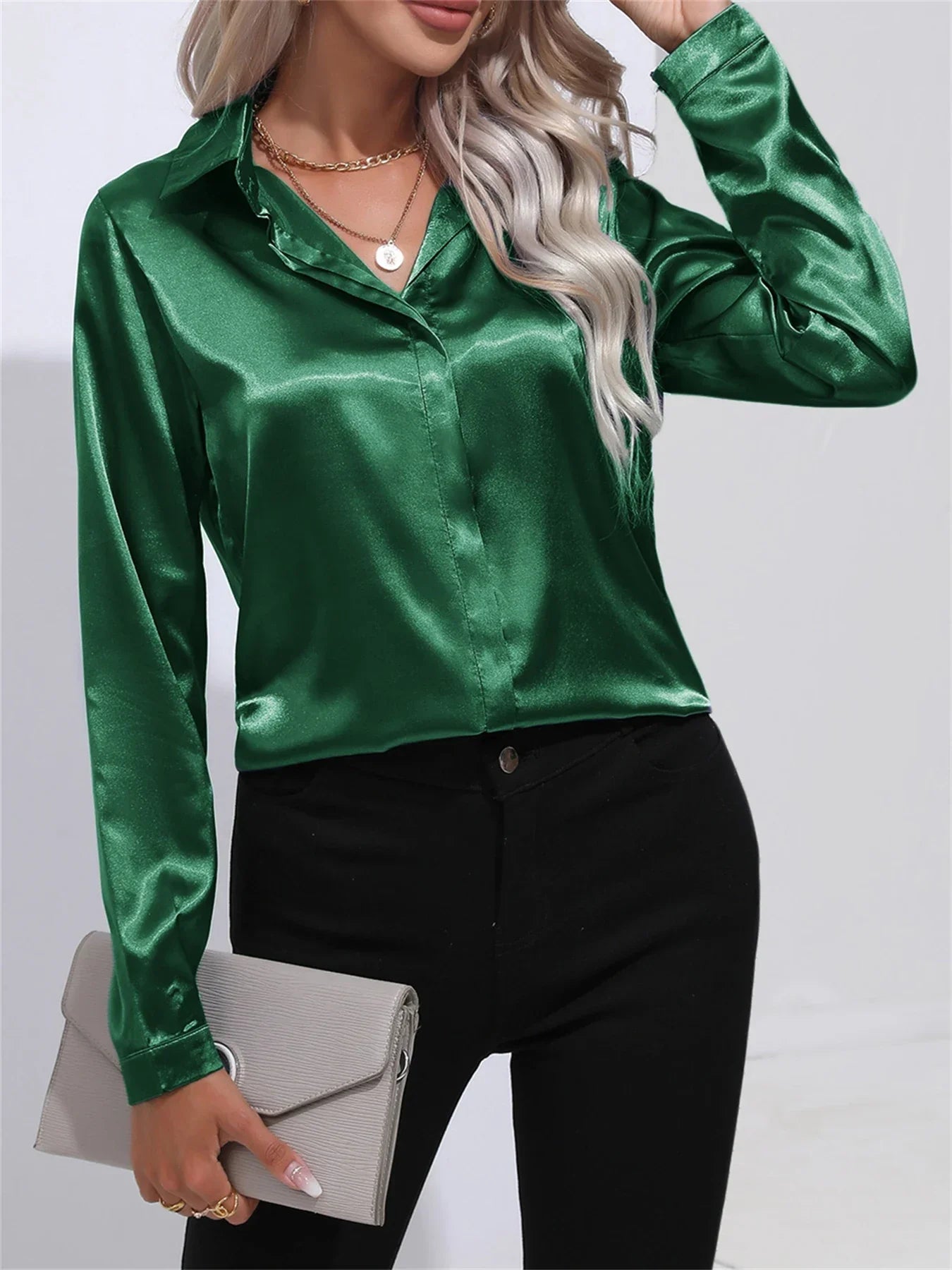 Elegant Turn-Down Collar Satin Long Sleeve Blouse