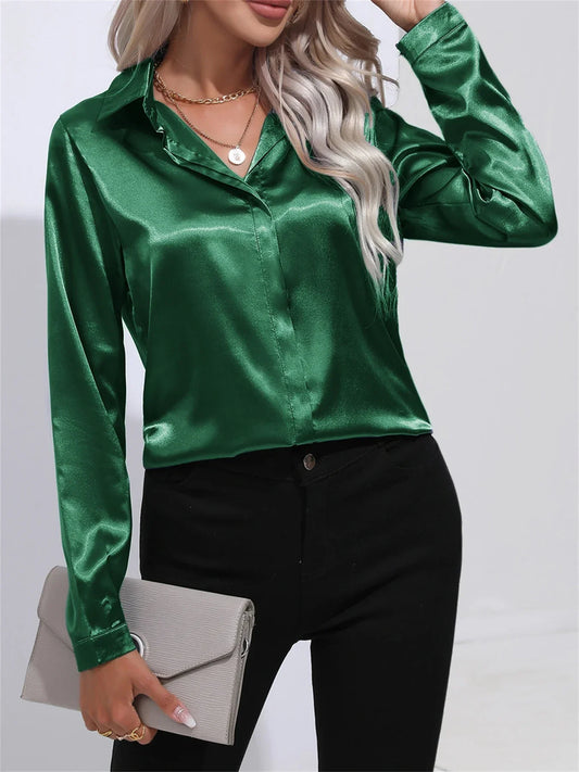 Elegant Turn-Down Collar Satin Long Sleeve Blouse