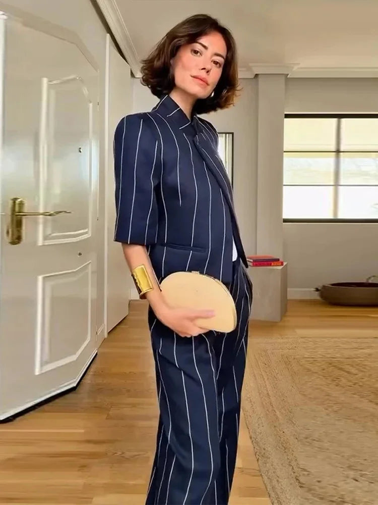 Daily Striped Short Sleeve Blazers Coat Chic Straight Long Pants Set