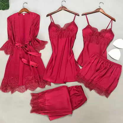 White 5PCS  Satin Sleepwear