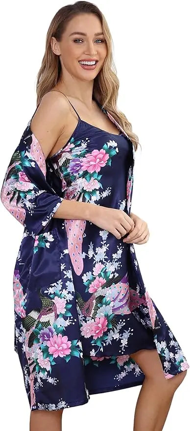 Floral Satin Kimono Robe and Nightgown Bathrobe Set